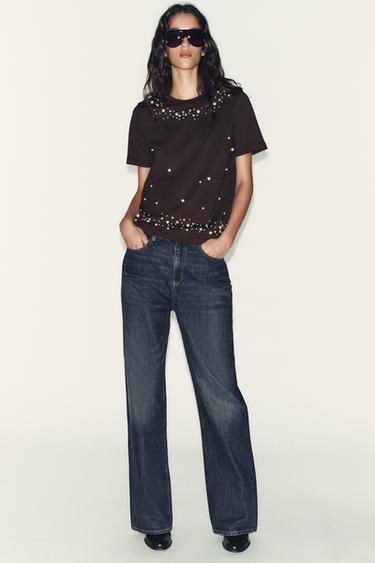 SHORT SLEEVE FAUX PEARL T-SHIRT - Brown by Zara - Image 0