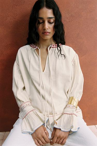 Zara ZW COLLECTION EMBROIDERED SHIRT - Ecru / Maroon