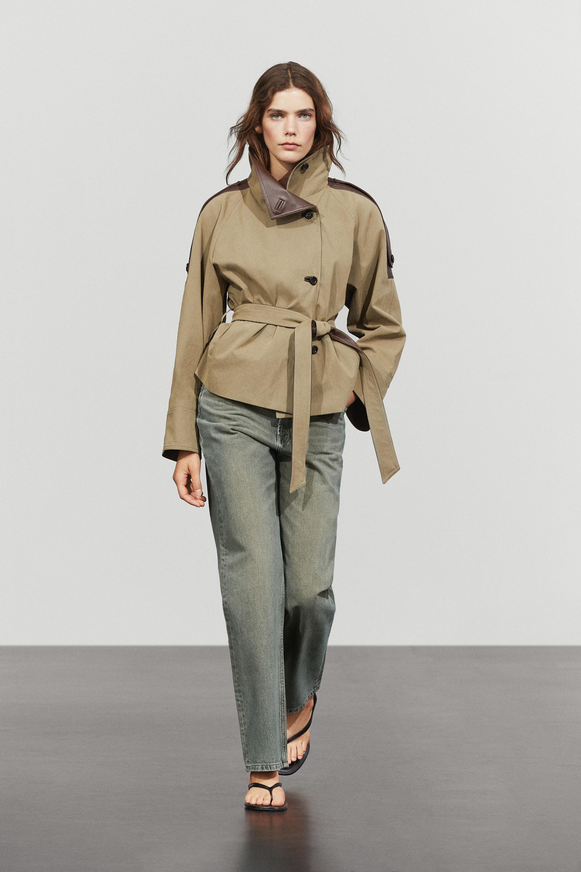Cropped mixed leather jacket — Gray green