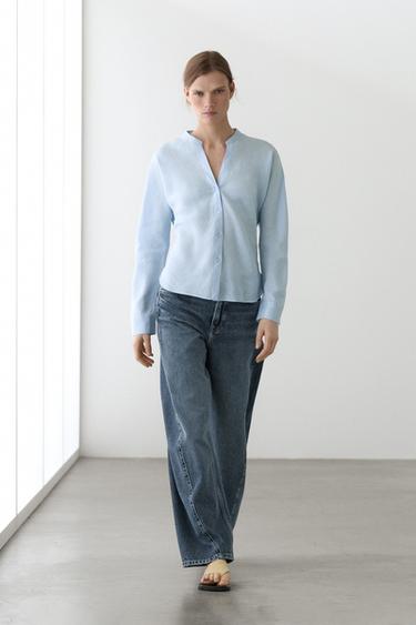 Zara 100% linen stand collar shirt - Sky blue