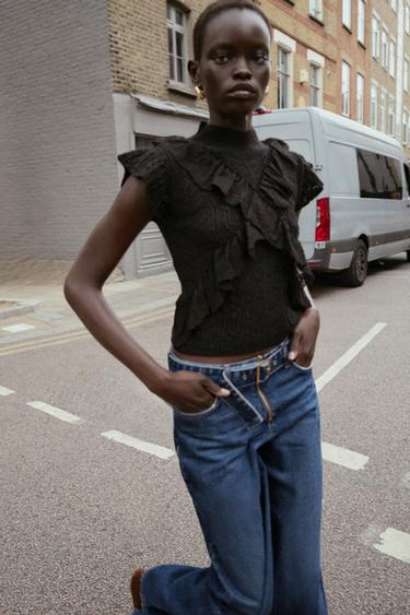 TOP EN MAILLE POINTELLE VOLANTS - Noir de Zara - Image 4