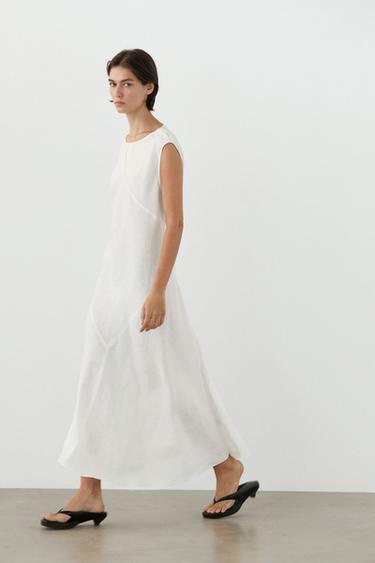 Robe midi fluide 100% lin - Blanc de Zara