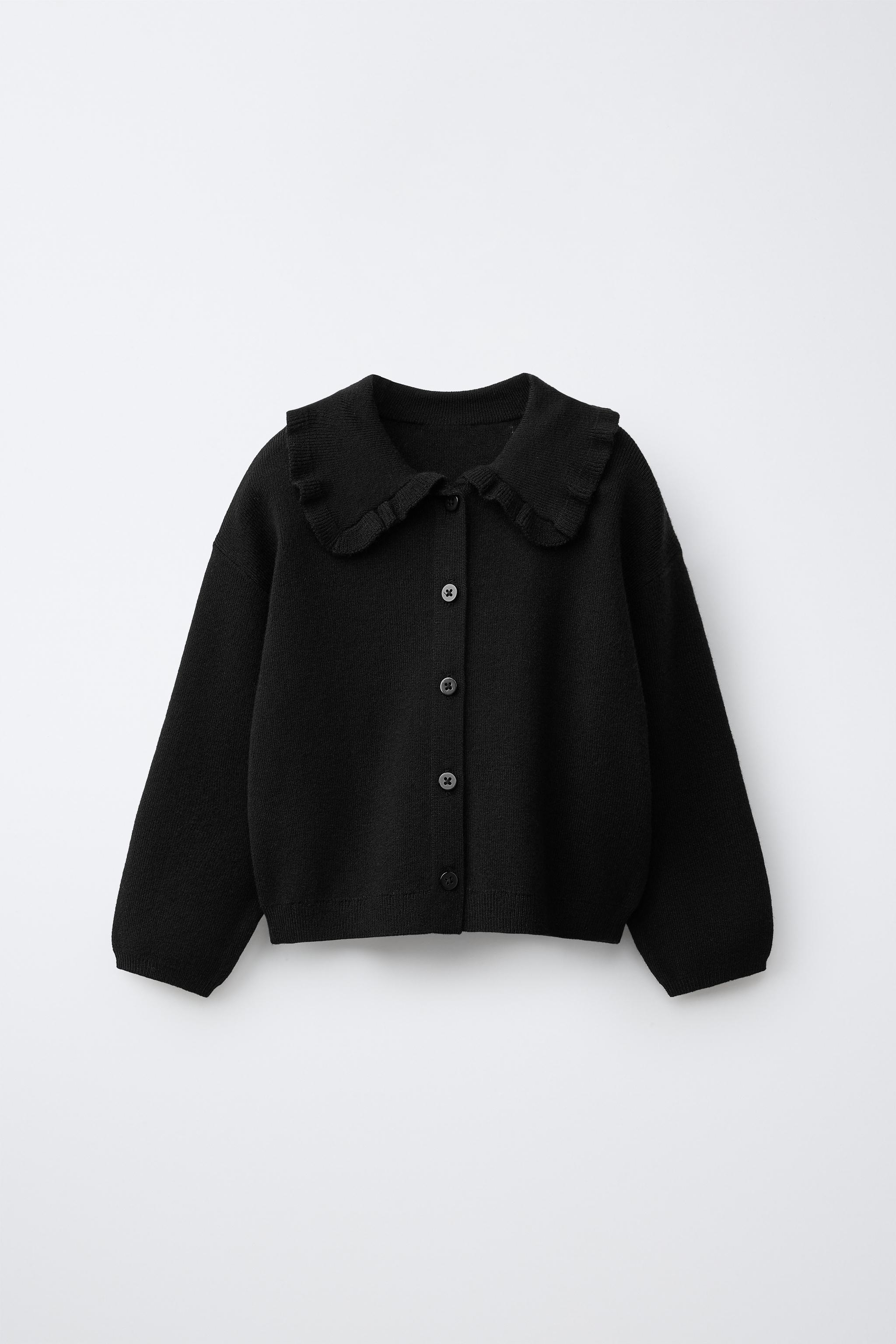RUFFLED PETER PAN COLLAR CARDIGAN — Black