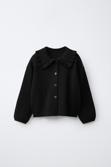 Zara RUFFLED PETER PAN COLLAR CARDIGAN - Black