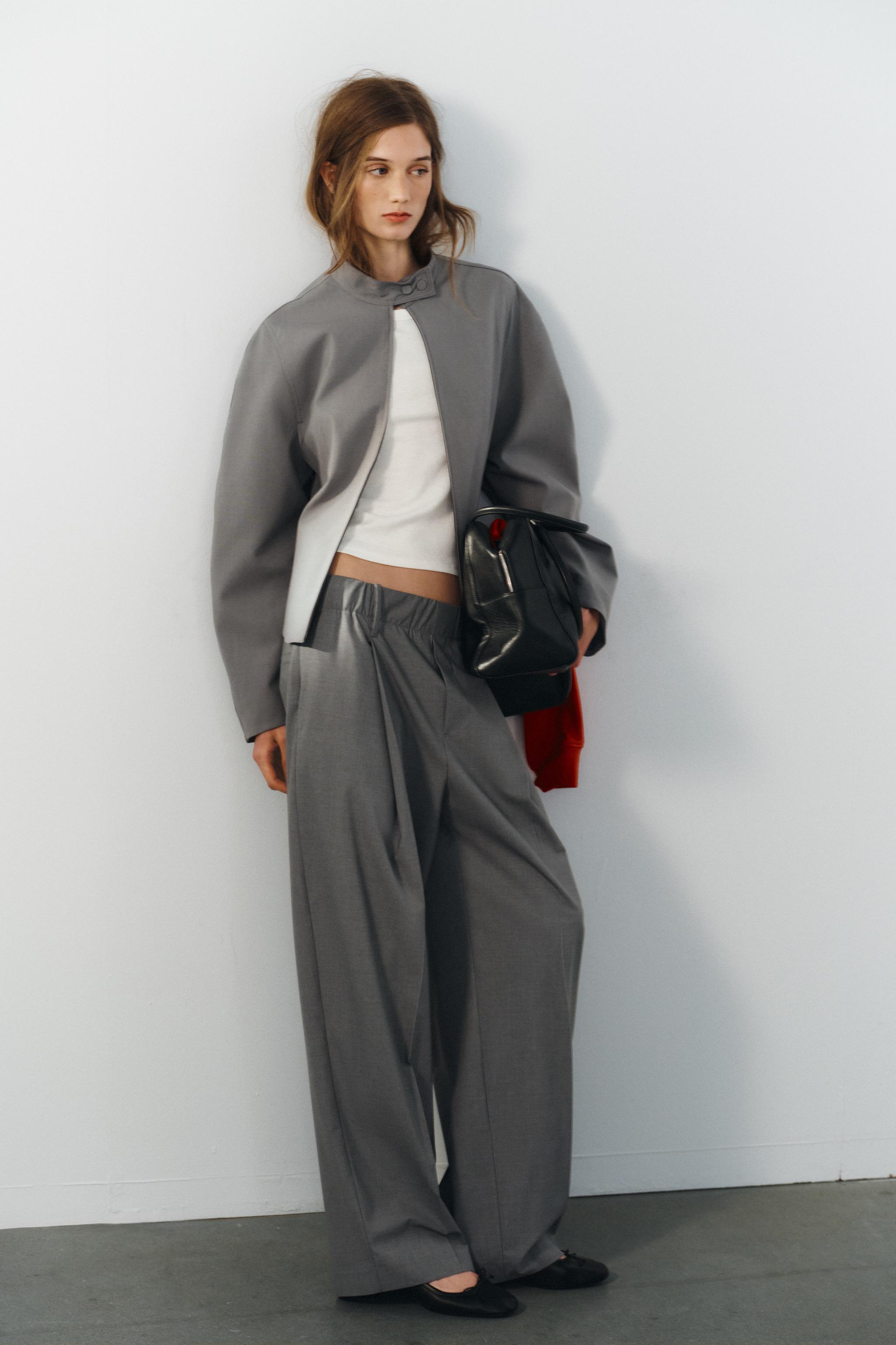 ELASTIC WAIST PLEATED TROUSERS — Charcoal gray