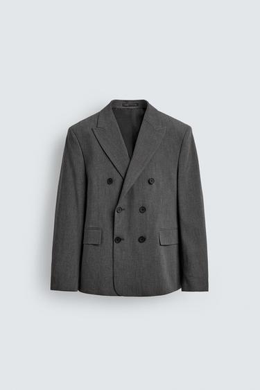 Zara 羊毛雙排扣西裝外套 - 斑紋灰色