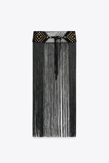 LEATHER STUDDED FRINGED CORSET BELT - Black by Zara