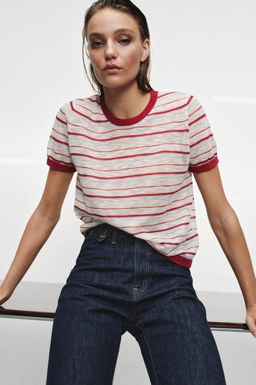 Zara STRIPED KNIT SHORT SLEEVE TOP - Multicolored