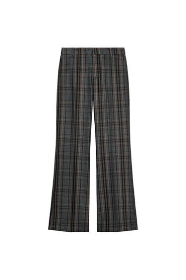 Front view of grey trousers with a toasted check print, high-waisted, side pockets and a front zip fastening.