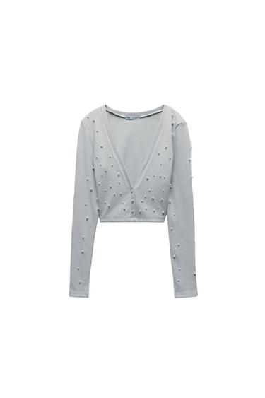 SOFT-TOUCH CROPPED CARDIGAN WITH FAUX PEARLS