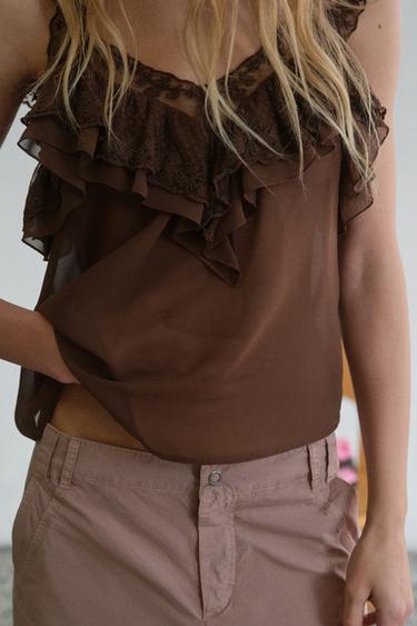 TOP BRODÉ À VOLANTS - Marron de Zara - Image 4