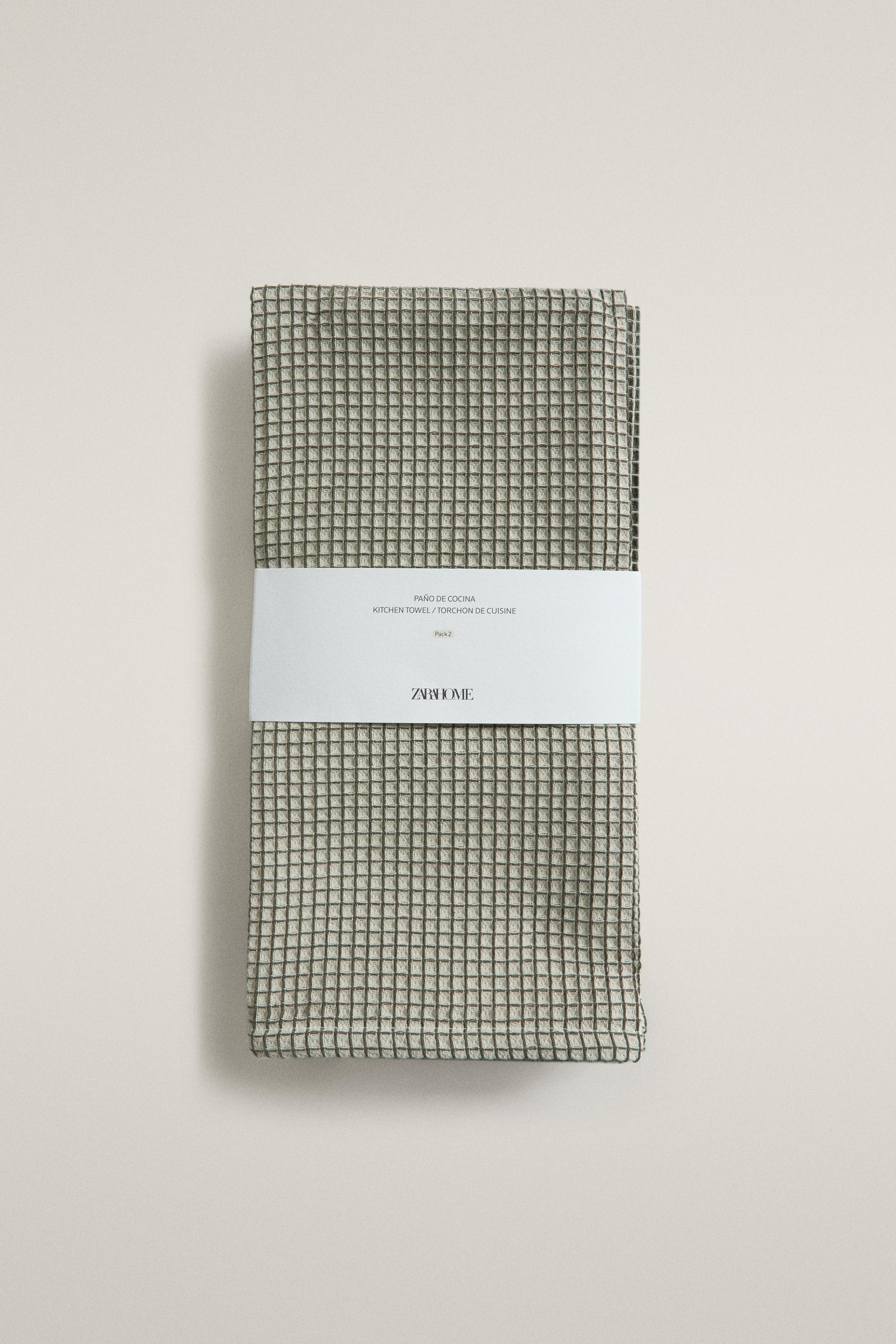 WAFFLE-TEXTURED CHECKED COTTON KITCHEN TOWELS (PACK OF 2)