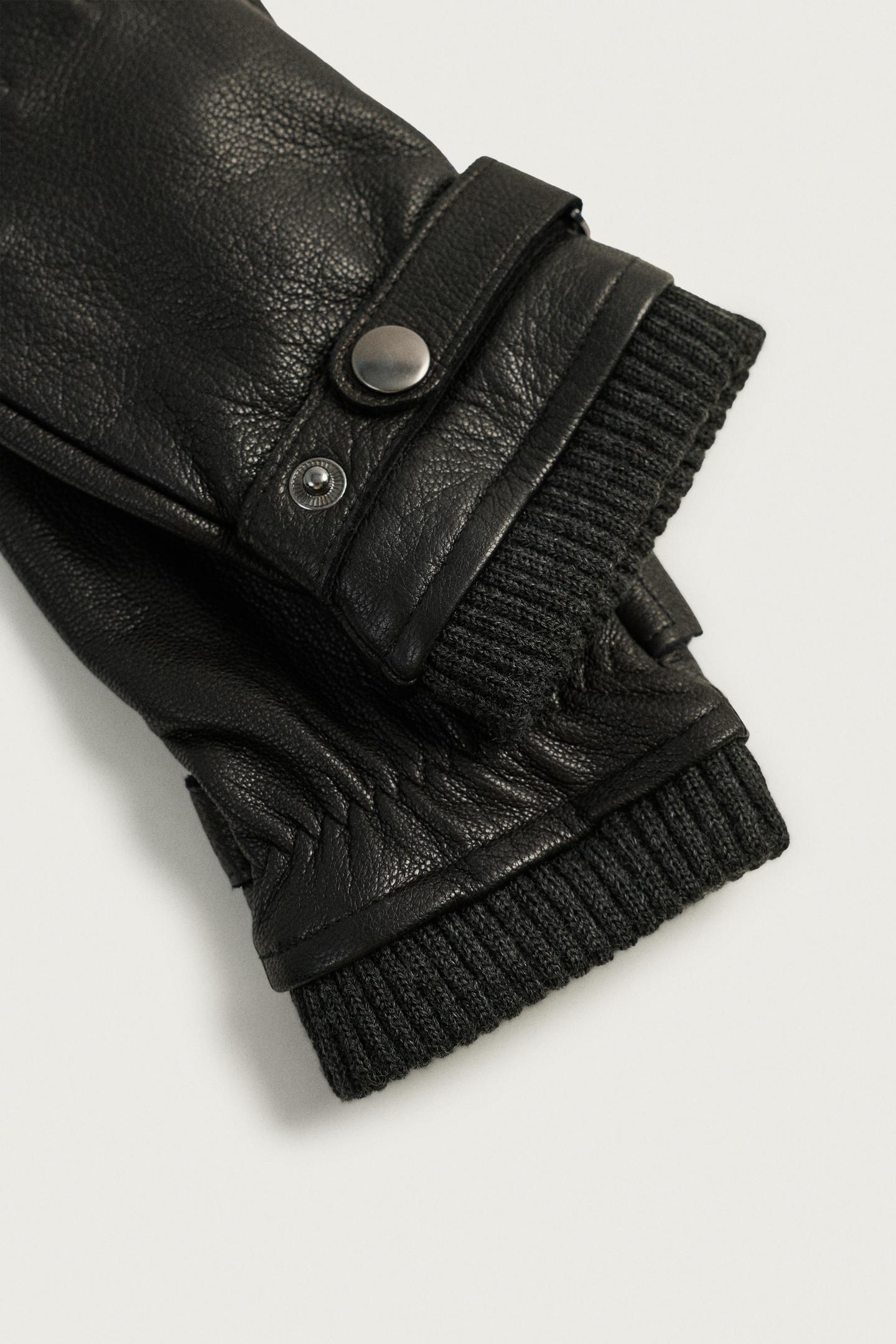 Мужские перчатки Zara Combined Leather and Knit Gloves, цвет: Чёрный — фото 4