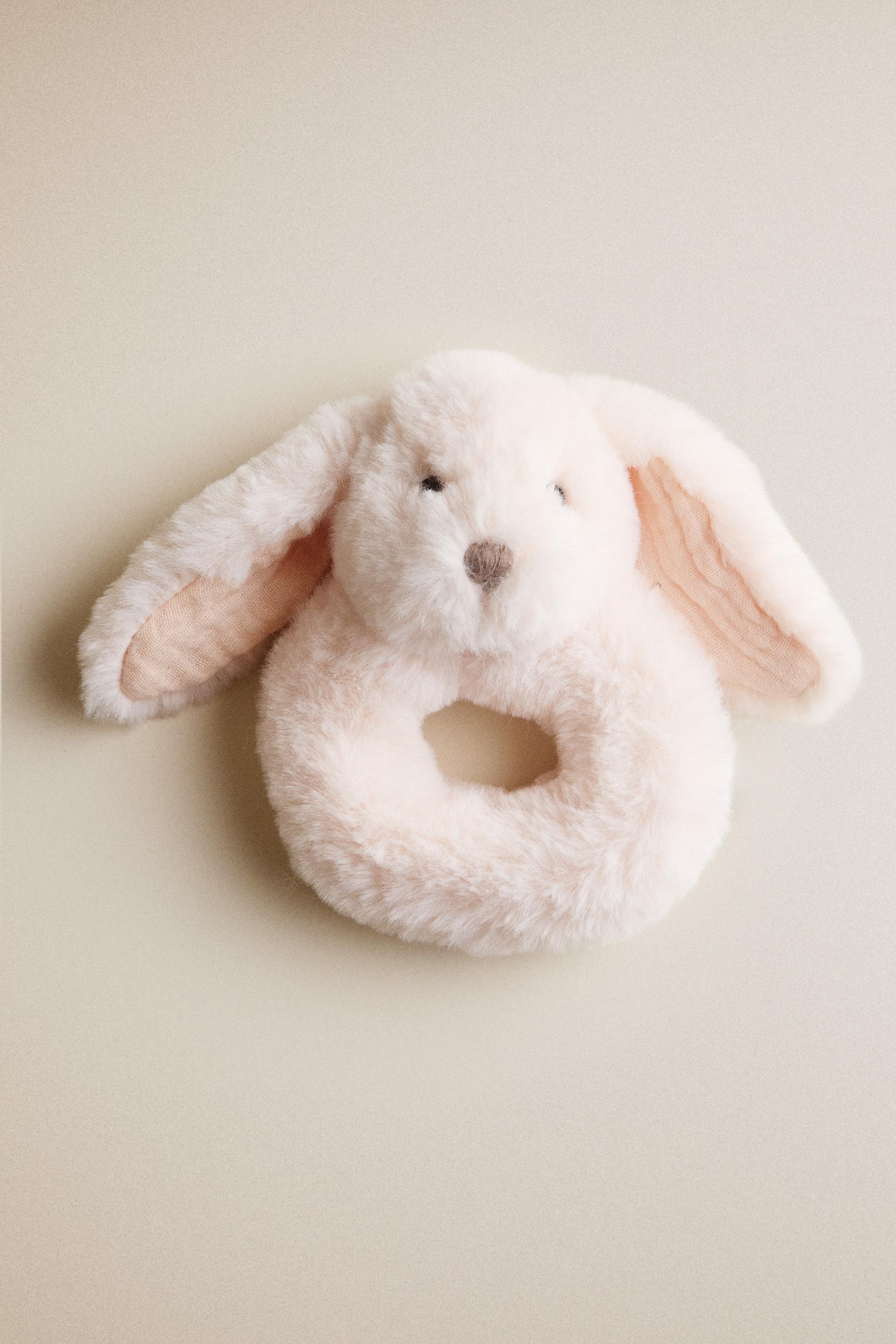 RABBIT BABY RATTLE PLUSH TOY — Light pink