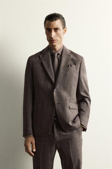 VESTE DE COSTUME À CARREAUX EN LIN ET LAINE - Marron de Zara