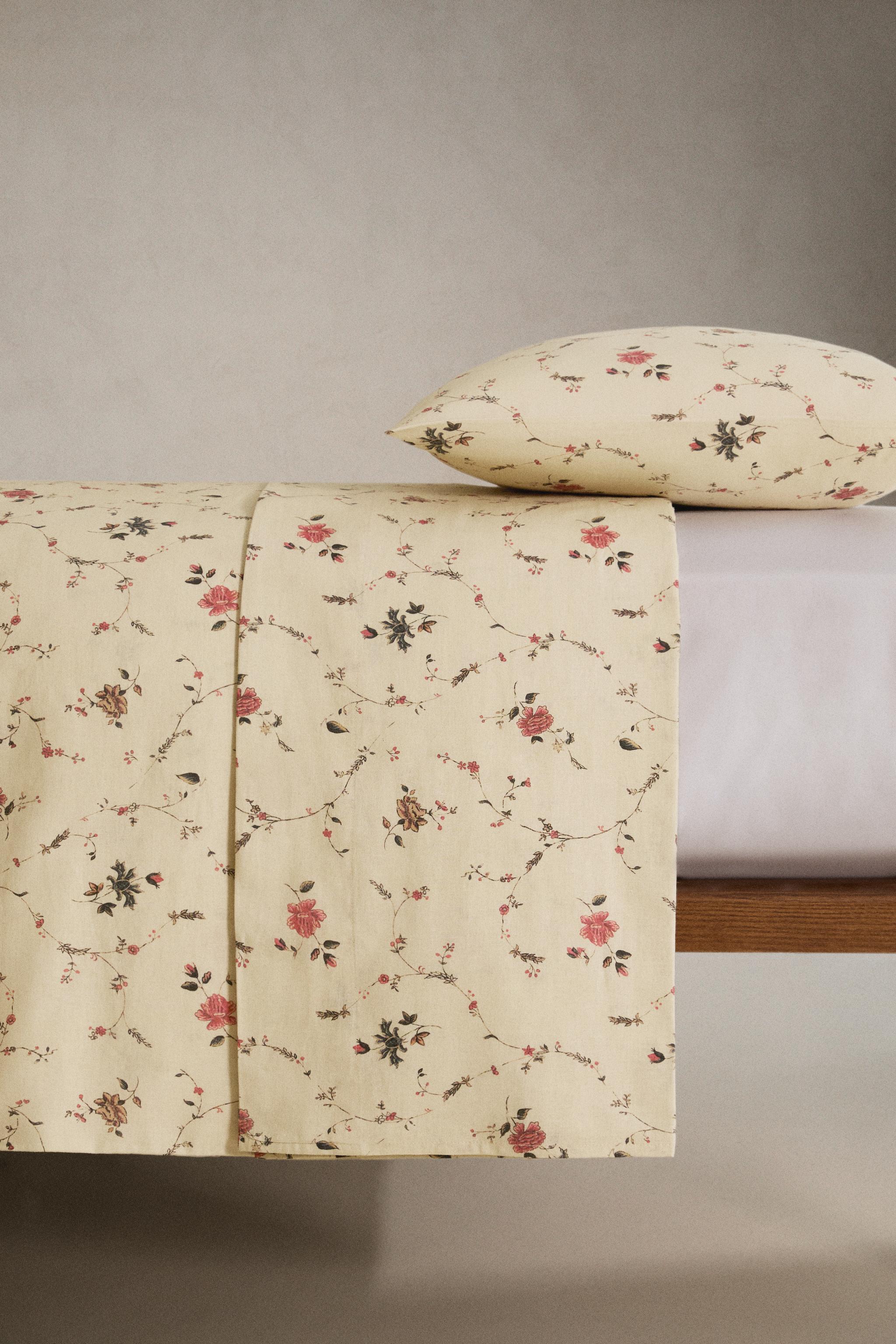 COTTON LINEN FLORAL FLAT SHEET | KATHARINE POLE - Ecru | ZARA