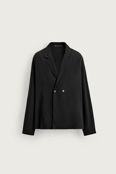 CAMISA CRUZADA RELAXED FIT LISTRADA - Preto da Zara