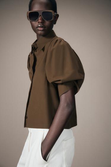 CAMISA DE POPELINA COM MANGA BUFANTE ZW COLLECTION - Marrom da Zara