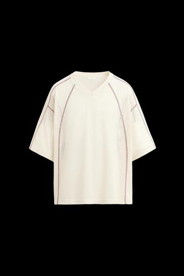 Zara CONTRAST OPEN KNIT T-SHIRT - Ecru - Image 0