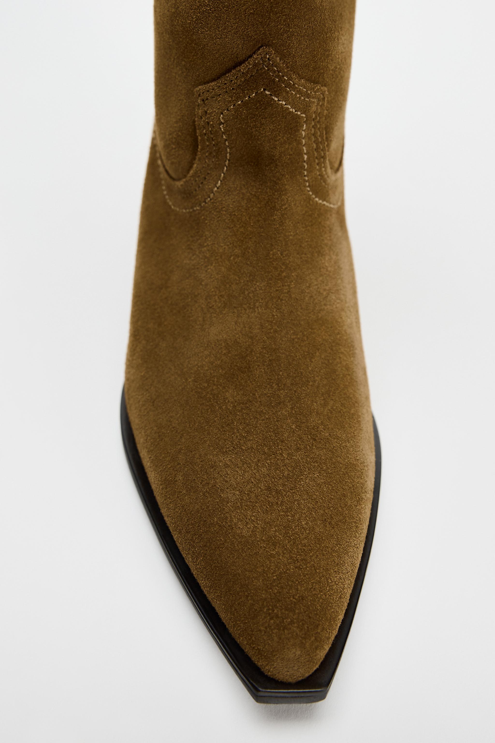 KNEE HIGH SPLIT LEATHER COWBOY BOOTS - Sandy Brown | ZARA