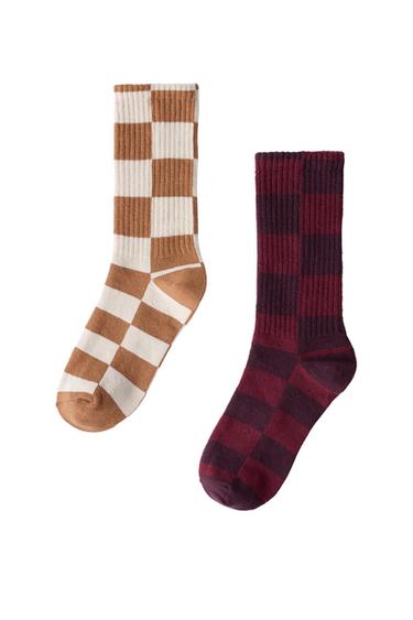 Zara TWO-PACK OF CHECKERBOARD LONG SOCKS - Bordeaux / Ecru
