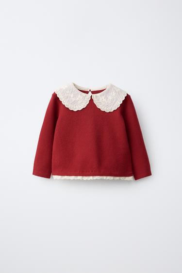 Zara EMBROIDERED COLLAR LACE TRIM KNIT SWEATER - Red