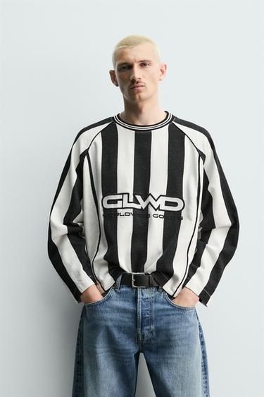 STRIPED JACQUARD TEXTURE T-SHIRT - Black / White by Zara