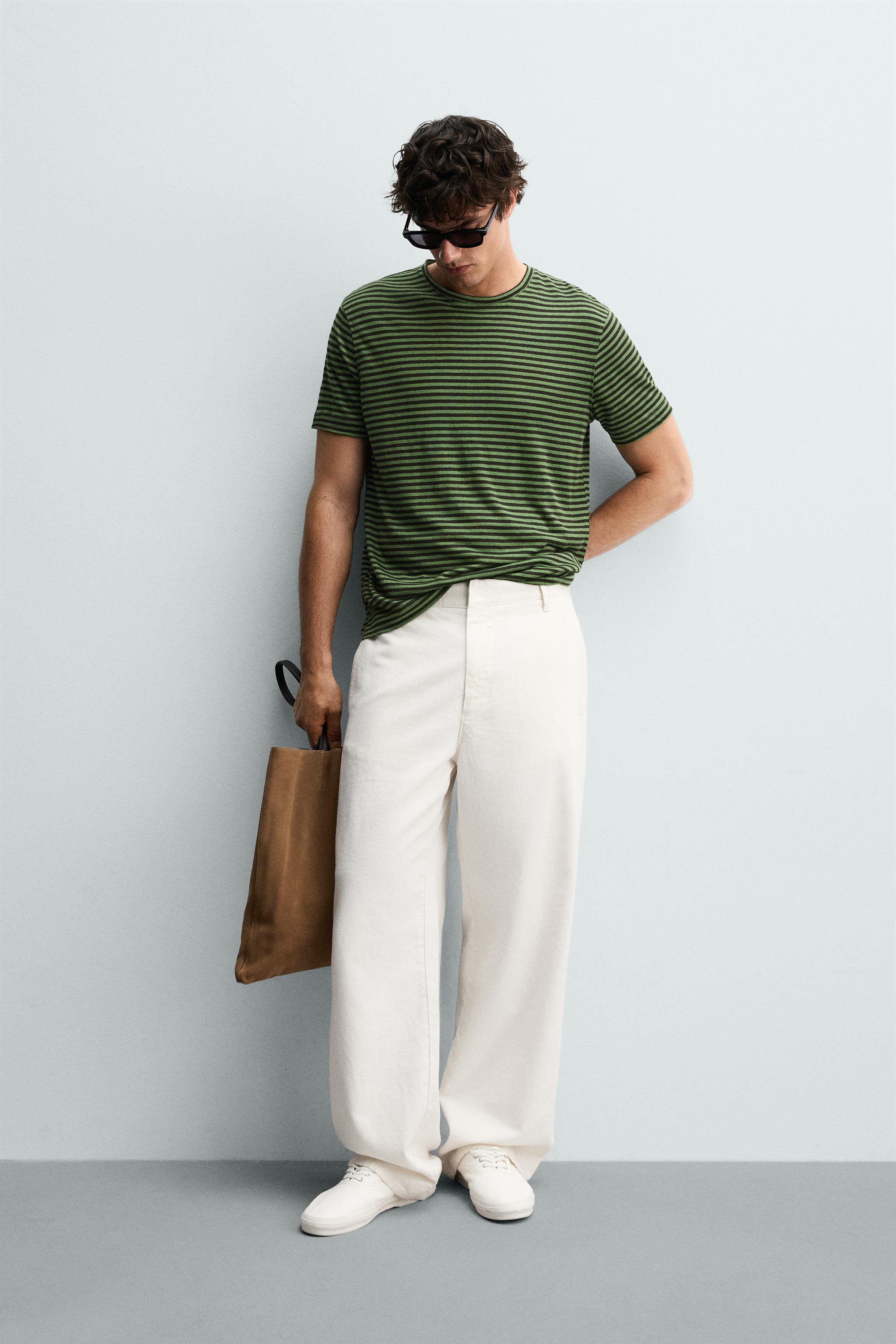 REGULAR FIT STRIPED LINEN BLEND T-SHIRT