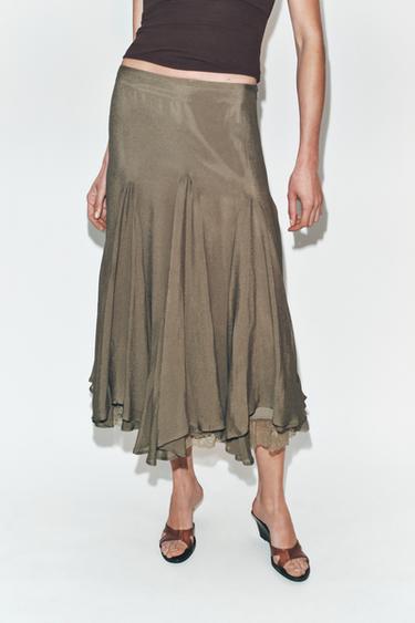 FLOWING GODET SKIRT WITH LACE - Dark khaki by Zara