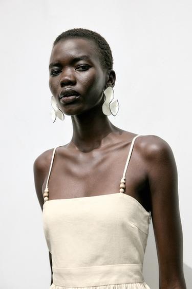 BEADED STRAPPY LINEN BLEND MIDI DRESS - Ecru by Zara - Image 3