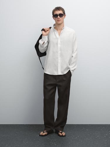 Zara 100% linen regular fit striped shirt - Ecru
