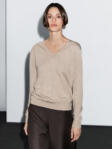 Jersey punto cuello pico con lana - Visón de Zara