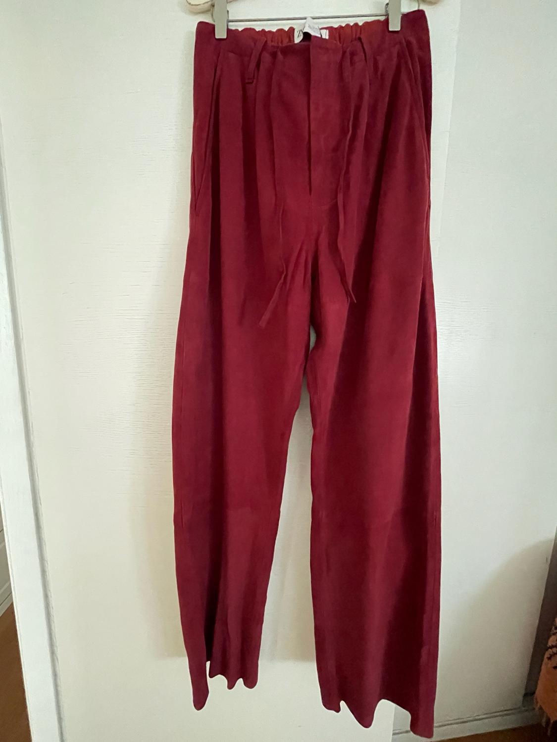 Burgundy wide-leg trousers with an elasticated waistband and adjustable drawstring, hanging on a hanger in front of a white door.