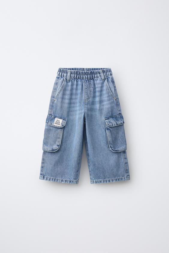 QUẦN JEANS DÁNG CARGO BALLOON ĐÍNH NHÃN - Màu xanh dịu từ Zara - Hình ảnh 0