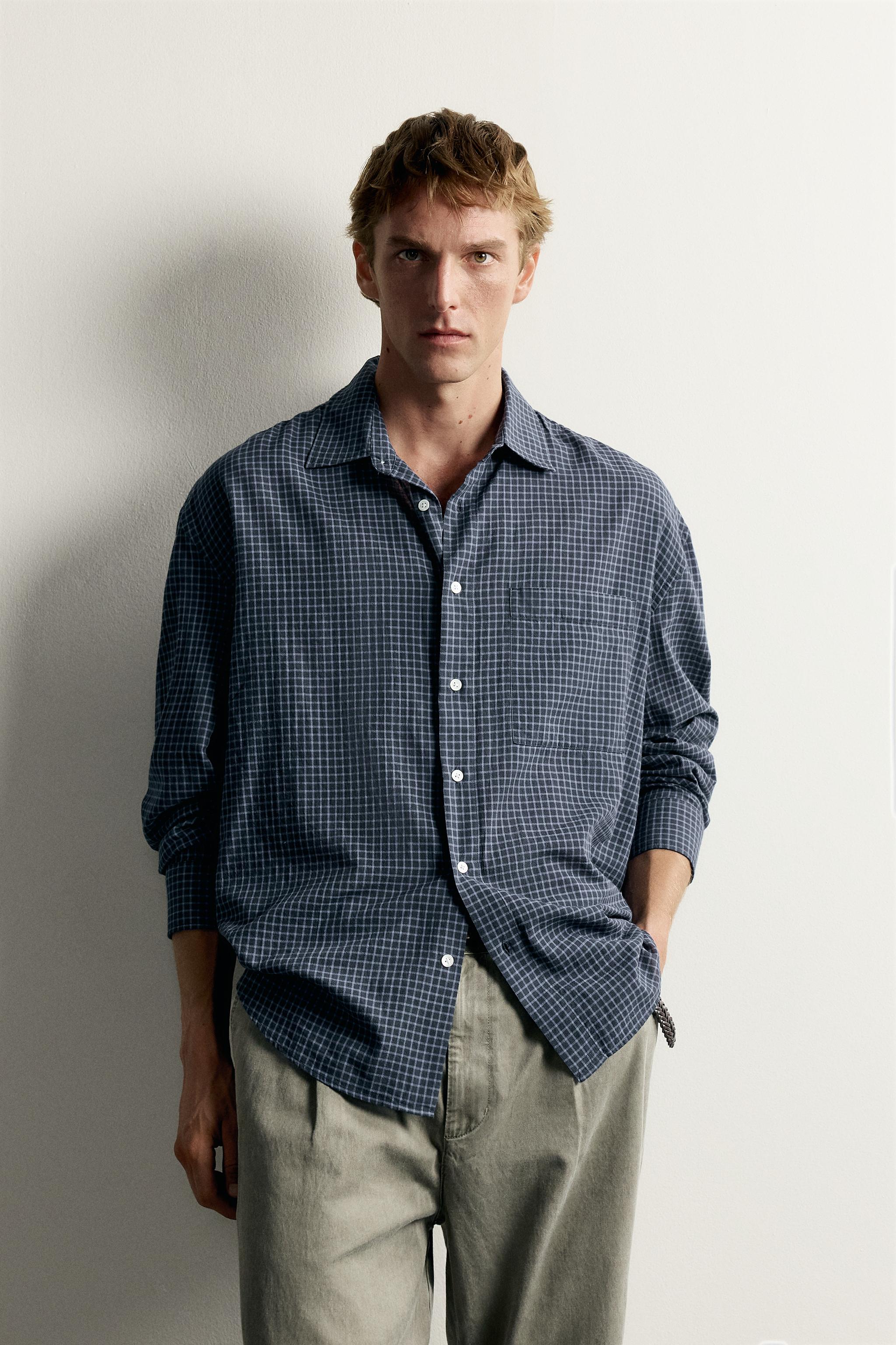 CHECKED RELAXED FIT SHIRT — Navy blue