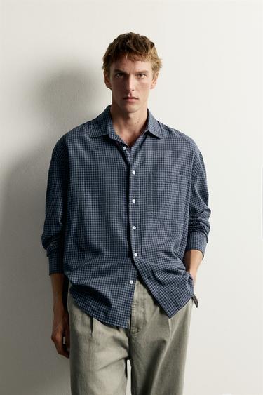 RELAXED FIT CHECK SHIRT - Navy blue by Zara