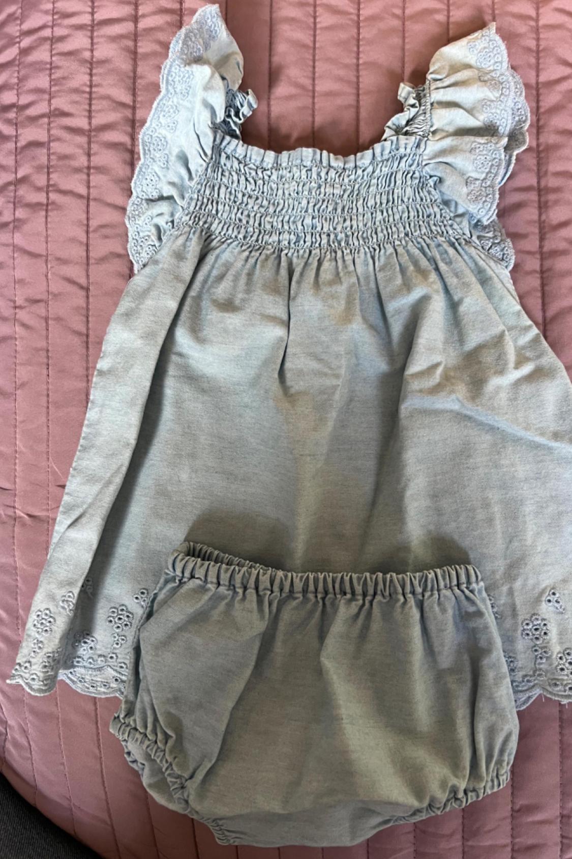 FLOWING DENIM DRESS WITH SCALLOPED EMBROIDERY