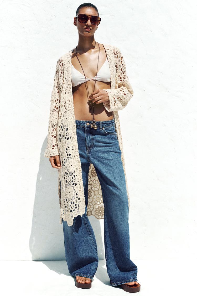 CHAQUETA KIMONO CROCHET Beige claro ZARA Chile