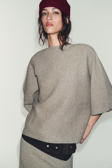 كنزة محاكة بياقة مطوية - رملي /فيجوريه الخاص بـ Zara