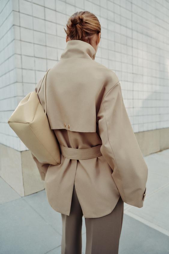 GABARDINE COL MONTANT CEINTURE - Marron clair de Zara - Image 4