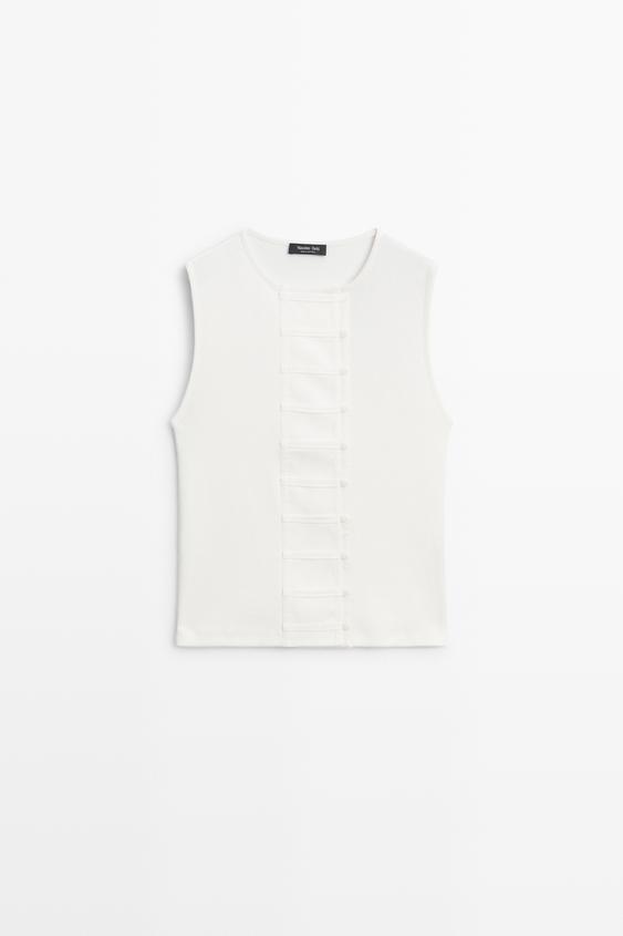 Zara Cotton blend bib detail T-shirt - Oyster-white - Image 0