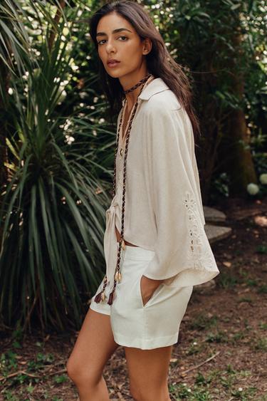 CROCHET TRIM KNOT SHIRT - Light beige by Zara - Image 4