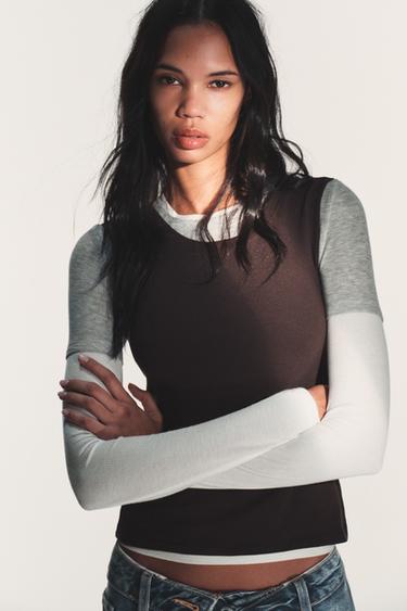 TRIPLE EFFECT LONG SLEEVE T-SHIRT - Brown by Zara