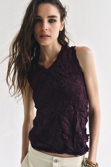 Zara WRINKLED EFFECT KNIT TOP - Eggplant