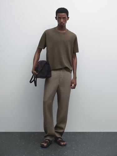 Zara 100% linen short sleeve knit T-shirt - Brown / White