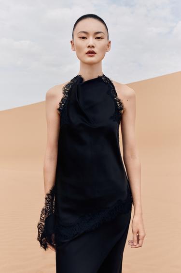 Zara ZW COLLECTION 繞頸蕾絲上衣 - 黑色