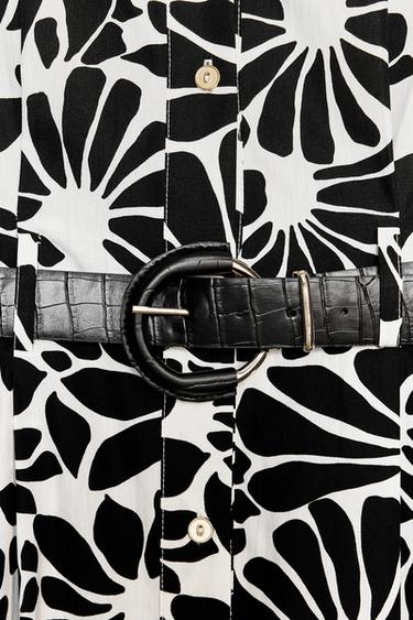PRINTED POPLIN MIDI DRESS WITH BELT - Black / White by Zara - Image 8
