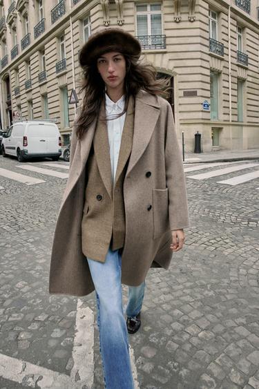 ABRIGO LARGO CRUZADO CON LANA - Visón de Zara