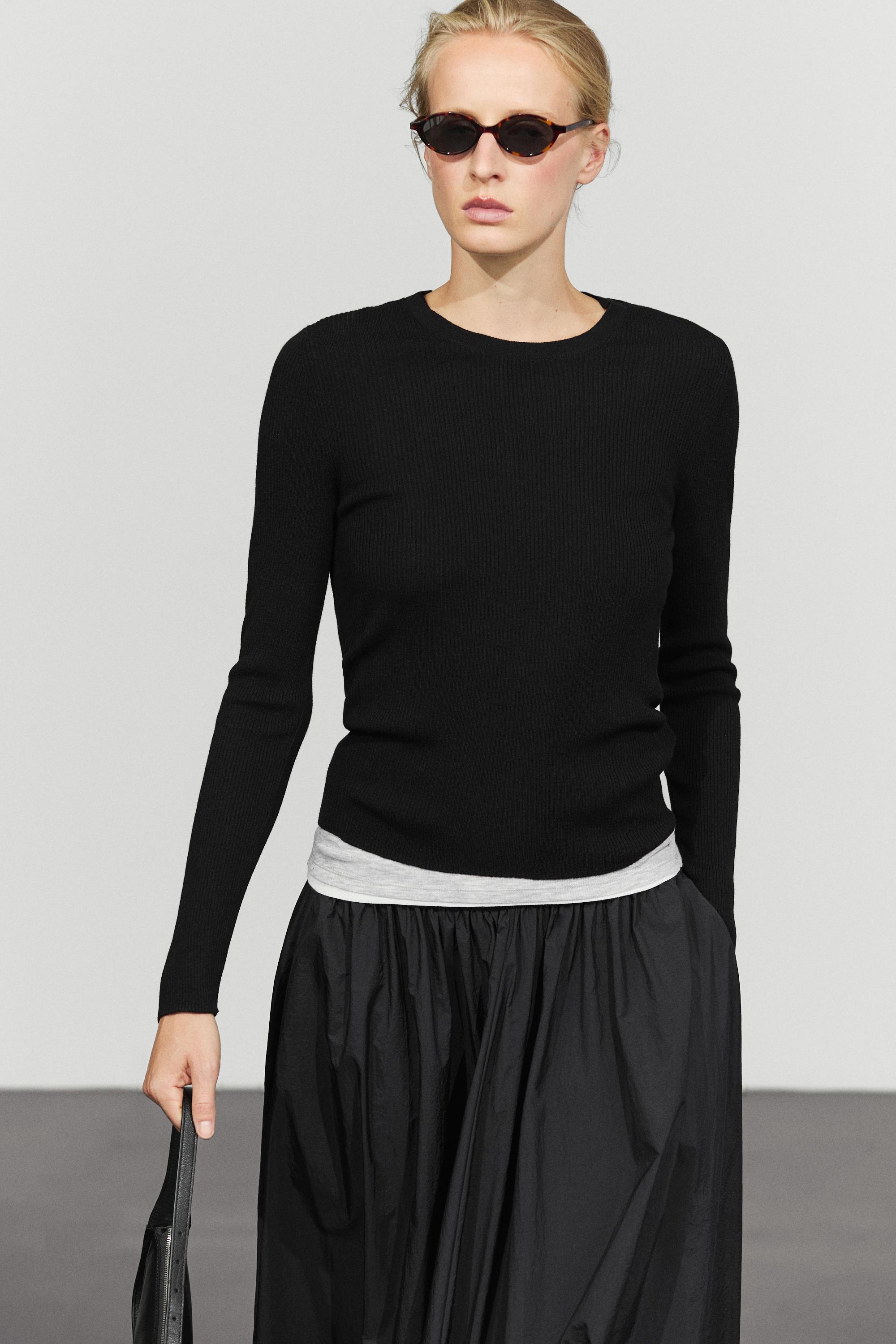 Ribbed knit round neck sweater — Black