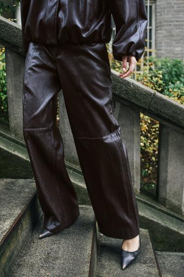 Zara FAUX LEATHER STRAIGHT LEG PANTS - Brown